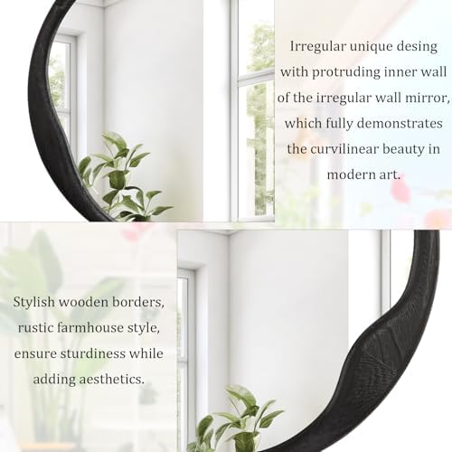 Wood Frame Round Mirror 20 Inch Black for Living Room