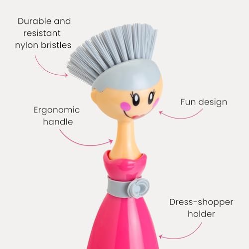 Vigar Dolls Dish Brush with Pink Handle and Gray Brush Holder