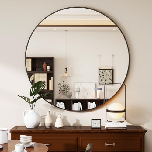 VETROVUE 30 Inch Black Round Mirror with Metal Frame