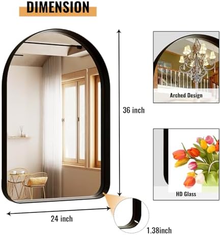 Easly 36x24 Arched Black Mirror - Modern Bathroom Mirror with Aluminum Frame