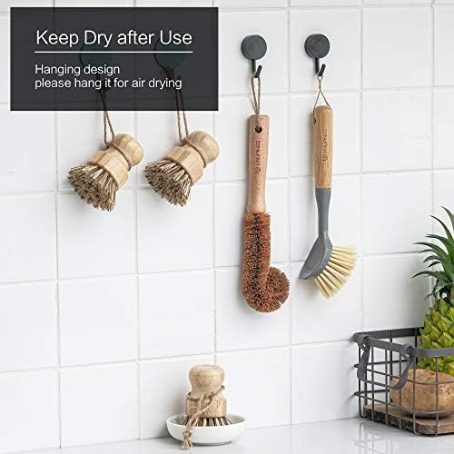VRUPINZE 4-Piece Bamboo Dish Brush Set with Ceramic Soap Dispenser