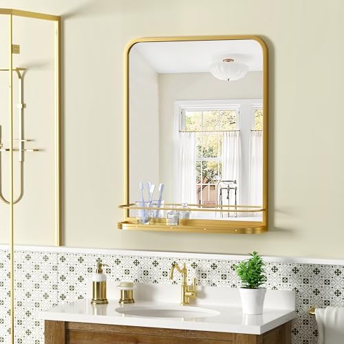 Gold Metal Framed Bathroom Mirror with Shelf