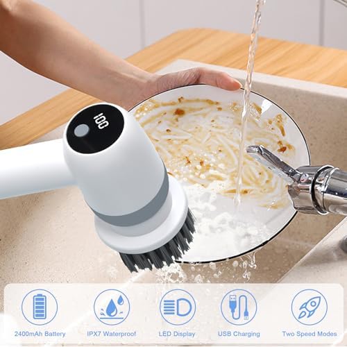 SPAOTREM Electric Spin Scrubber with 5 Brush Heads and LED Display