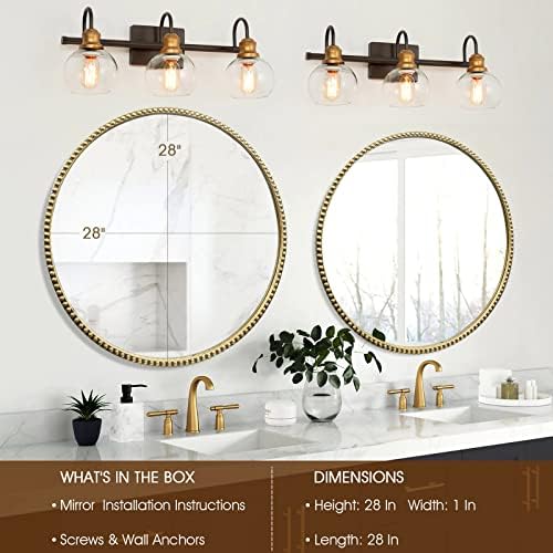 28x28 Inch Round Wall Mirror with Antique Gold Beaded Frame