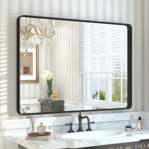 CHARMOR 44x30 Inch Matte Black Wall Mirror