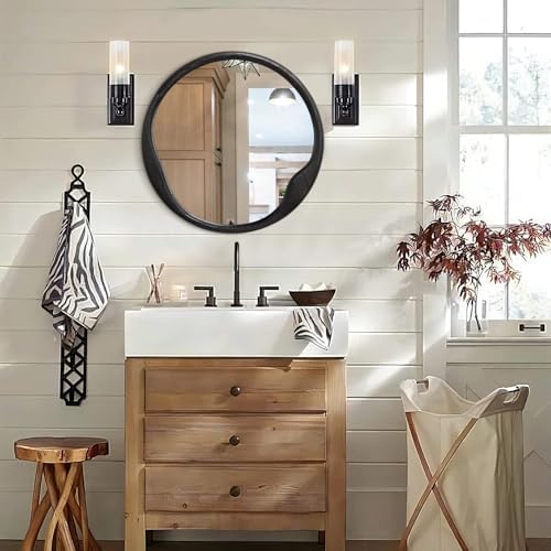 Wood Frame Round Mirror 20 Inch Black for Living Room