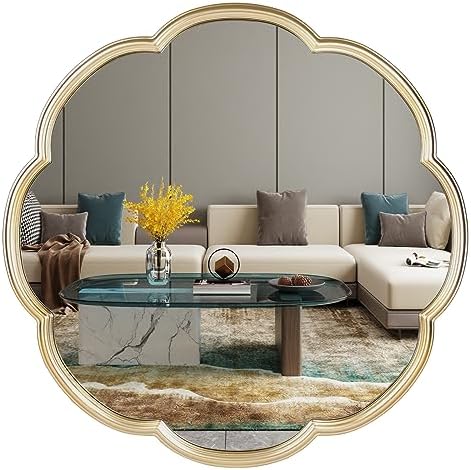 24 Inch Gold Mirror with Flower Pattern Scalloped Frame