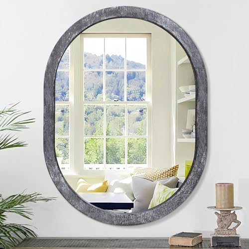 JJUUYOU Farmhouse Black Oval Wall Mirror with Wood Frame