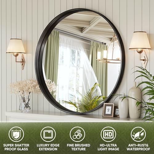 Suidia 24 Inch Black Metal Frame Round Wall Mirror