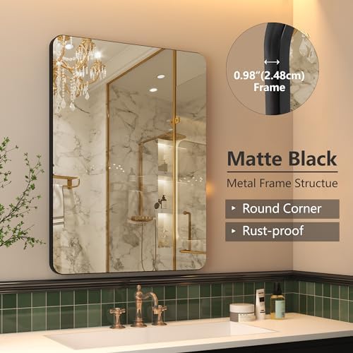 Black Metal Framed Bathroom Mirror 24x32 Inch Matte Black