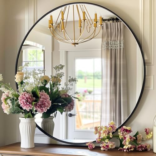 Kingvey 24 Inch Round Black Mirror for Bathroom and Living Room