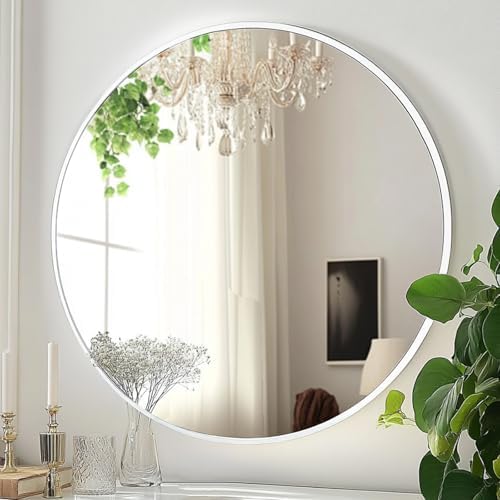 White Round Mirror 24 Inch Metal Frame Bathroom Mirror