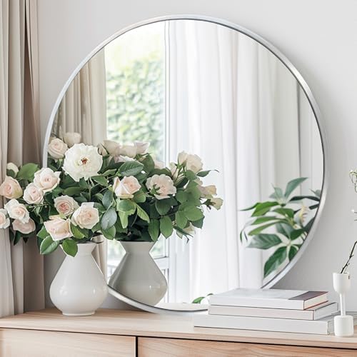 Silver Round Mirror 24 Inch Bathroom Decor