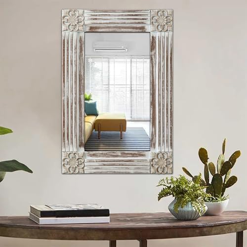 Sintosin Rustic Wooden Frame Wall Mirror 16x24 Inch