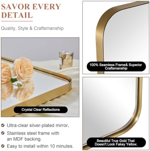 ANDY STAR Gold Bathroom Mirror 24x36 Brushed Brass Frame