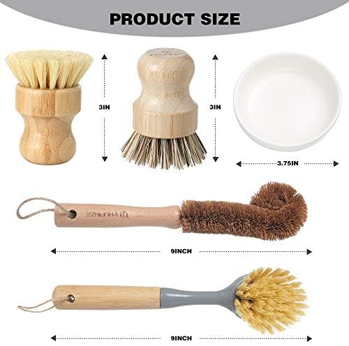 VRUPINZE 4-Piece Bamboo Dish Brush Set with Ceramic Soap Dispenser