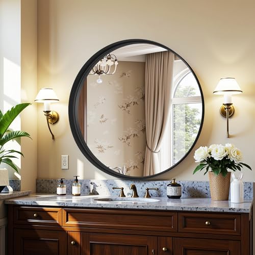Furnbar 20 Inch Round Black Mirror with Metal Frame