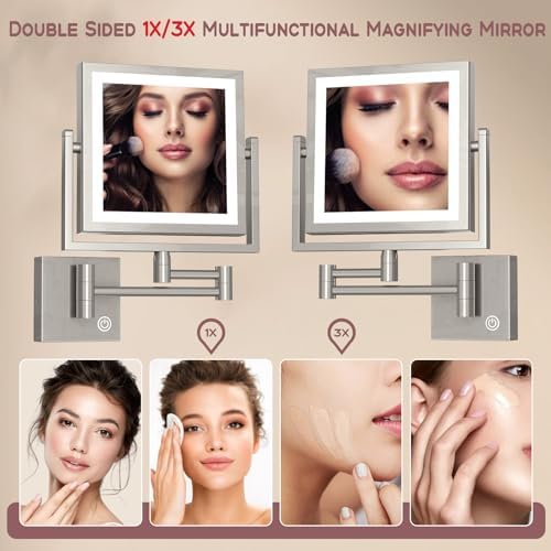 Square Makeup Mirror Wall Mount with Lights and 3X Magnification