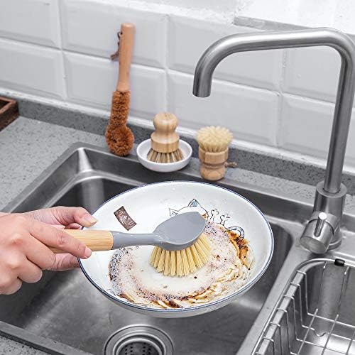 VRUPINZE 4-Piece Bamboo Dish Brush Set with Ceramic Soap Dispenser
