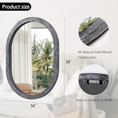 JJUUYOU Farmhouse Black Oval Wall Mirror with Wood Frame