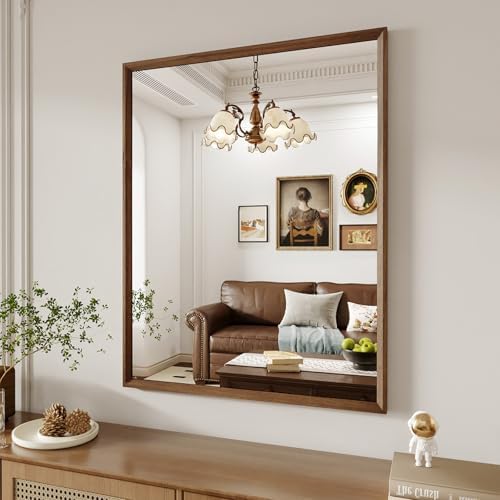 WEER 28X36 Inch Framed Bathroom Mirror Walnut Wood Grain