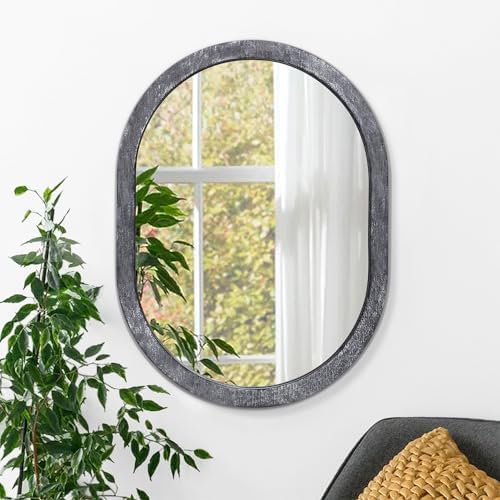 JJUUYOU Farmhouse Black Oval Wall Mirror with Wood Frame