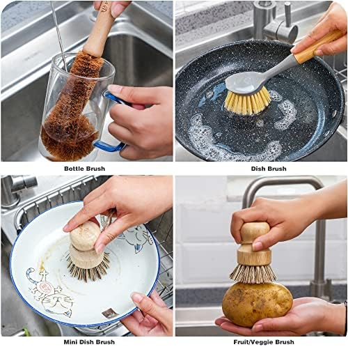 VRUPINZE 4-Piece Bamboo Dish Brush Set with Ceramic Soap Dispenser
