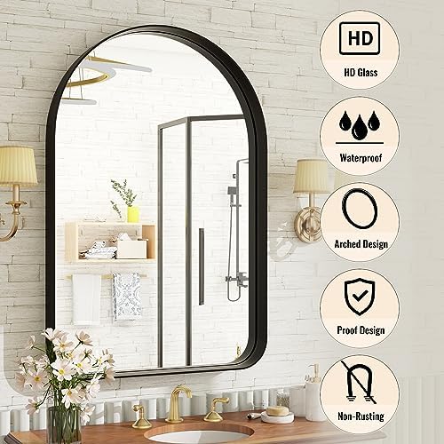 Easly 36x24 Arched Black Mirror - Modern Bathroom Mirror with Aluminum Frame