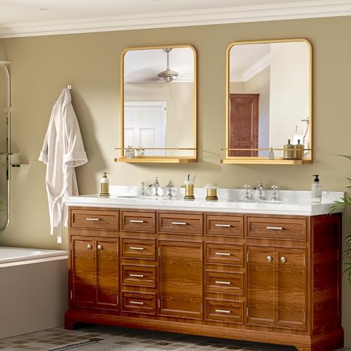 Gold Metal Framed Bathroom Mirror with Shelf