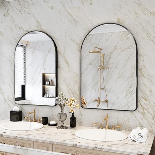 FOYEESION 24x36 Arched Black Wall Mirror with Metal Frame