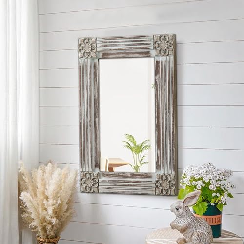 Sintosin Rustic Wooden Frame Wall Mirror 16x24 Inch
