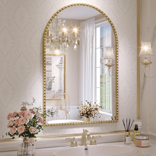 24x36 Inch Gold Arch Bathroom Mirror with Floral Frame
