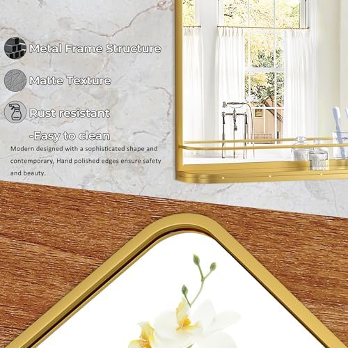 Gold Metal Framed Bathroom Mirror with Shelf