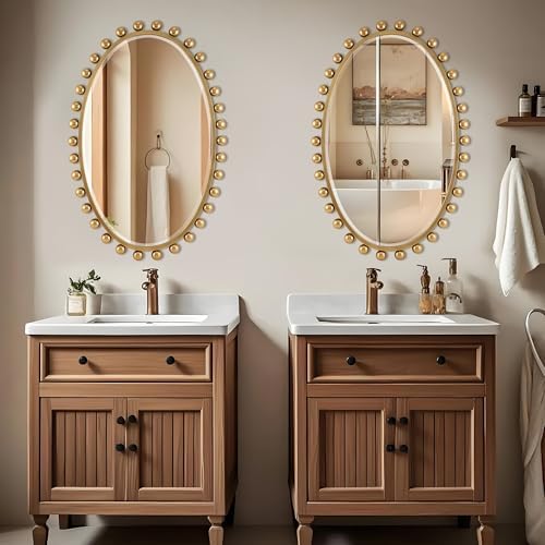 Oval Bathroom Mirror with Gold Bead Frame - 24x36 Inch