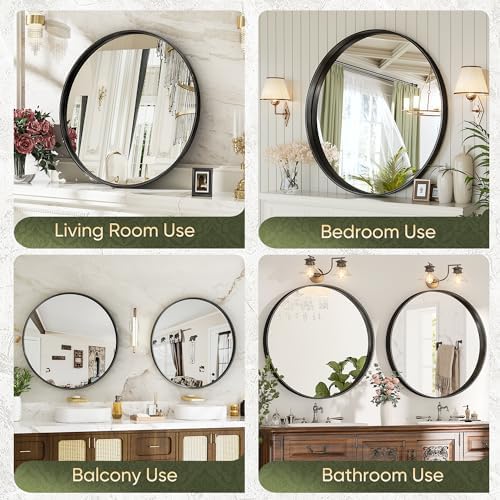 Suidia 24 Inch Black Metal Frame Round Wall Mirror