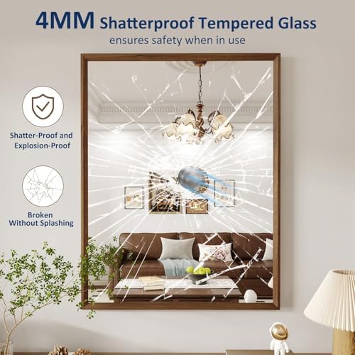 WEER 28X36 Inch Framed Bathroom Mirror Walnut Wood Grain