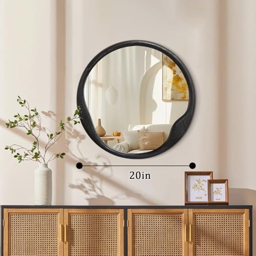 Wood Frame Round Mirror 20 Inch Black for Living Room