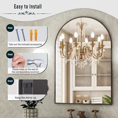 GLSLAND 26x38 Inch Arch Bathroom Mirror Black