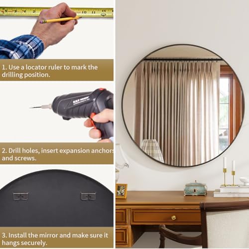 VETROVUE 30 Inch Black Round Mirror with Metal Frame