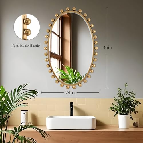 Oval Bathroom Mirror with Gold Bead Frame - 24x36 Inch