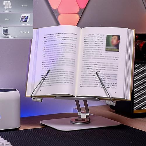 Adjustable Book Stand with 360 Rotating Base and Page Clips Silver