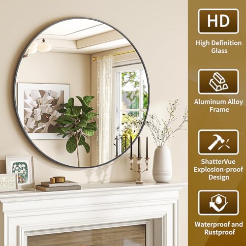 VETROVUE 30 Inch Black Round Mirror with Metal Frame