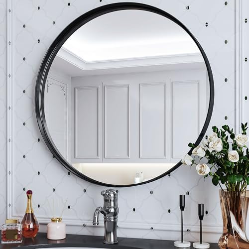 Suidia 24 Inch Black Metal Frame Round Wall Mirror