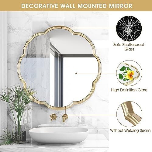24 Inch Gold Mirror with Flower Pattern Scalloped Frame
