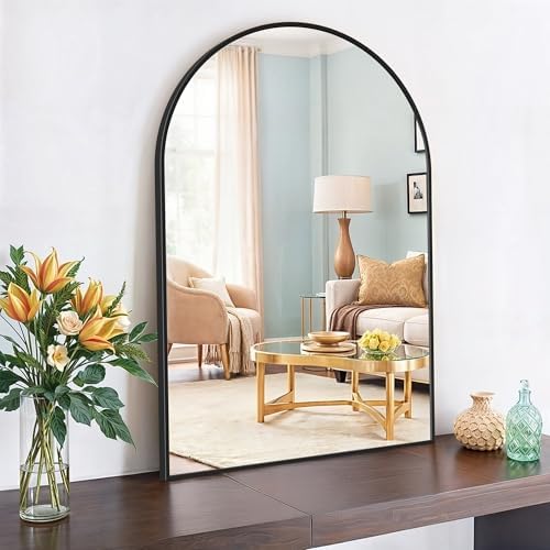 24x36 Inch Black Metal Arch Mirror for Bathroom