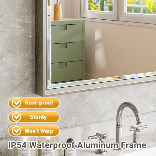 QueenFun 30x36 Inch Brushed Nickel Bathroom Mirror with Beveled Frame