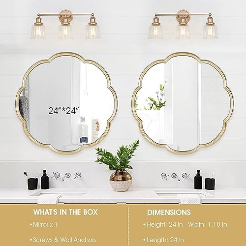 24 Inch Gold Mirror with Flower Pattern Scalloped Frame