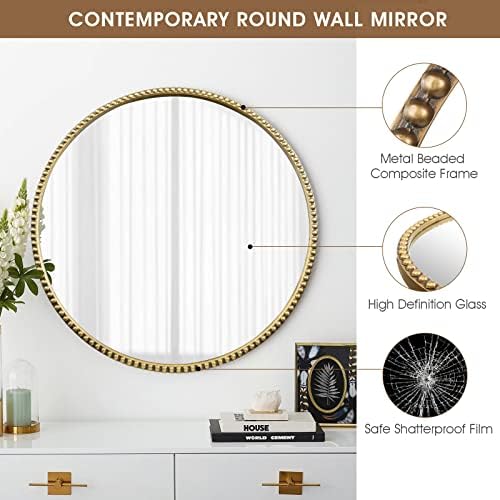28x28 Inch Round Wall Mirror with Antique Gold Beaded Frame