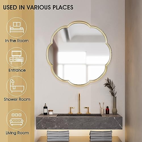 24 Inch Gold Mirror with Flower Pattern Scalloped Frame