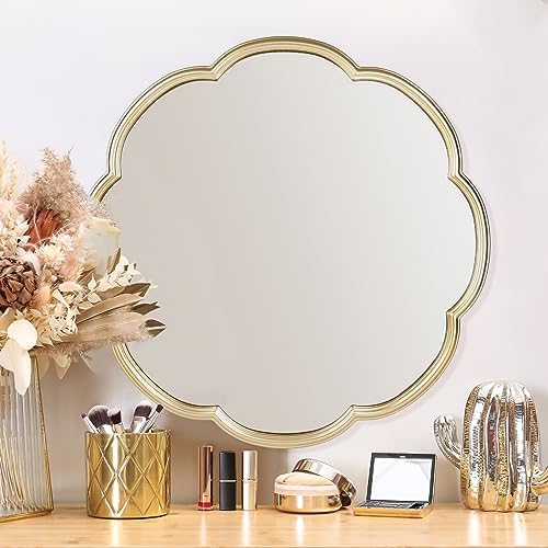 24 Inch Gold Mirror with Flower Pattern Scalloped Frame